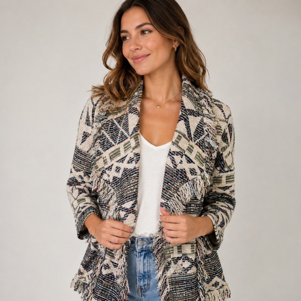 ZARA OVERSIZED‎ Chunky Aztec Fringe Textured Geometric Cardigan Sweater Womens S